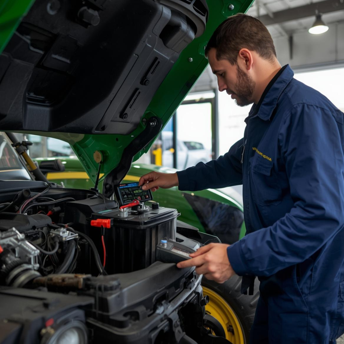 Testing and cleaning tractor battery terminals in cold weather